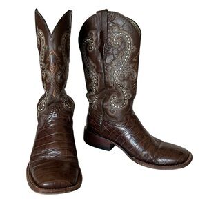 FERRINI CROC EMBOSSED SQUARE TOE LEATHER COWBOY BOOTS SIZE 7.5